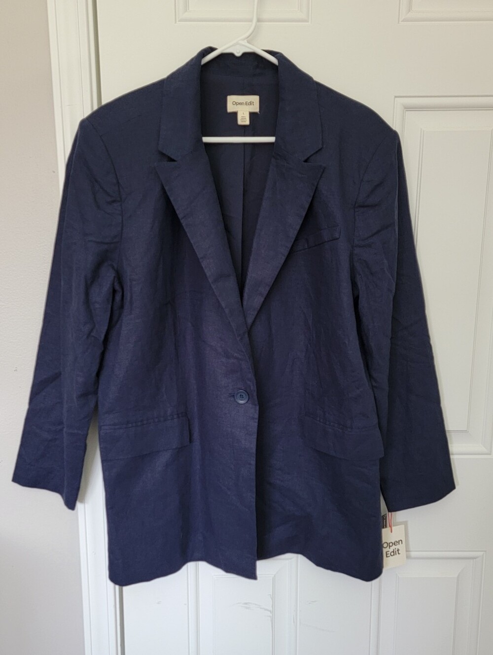 NWT Open Edit Oversized Women's Large Navy Linen Blend One Button Blazer Jacket - Picture 2 of 9